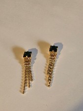 Gold Tone Green Rhinestone Dangle Clip-On Earrings Elegant Formal