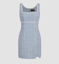 Cider Tweed Square Neck Solid Faux Pearl Mini Dress Xs