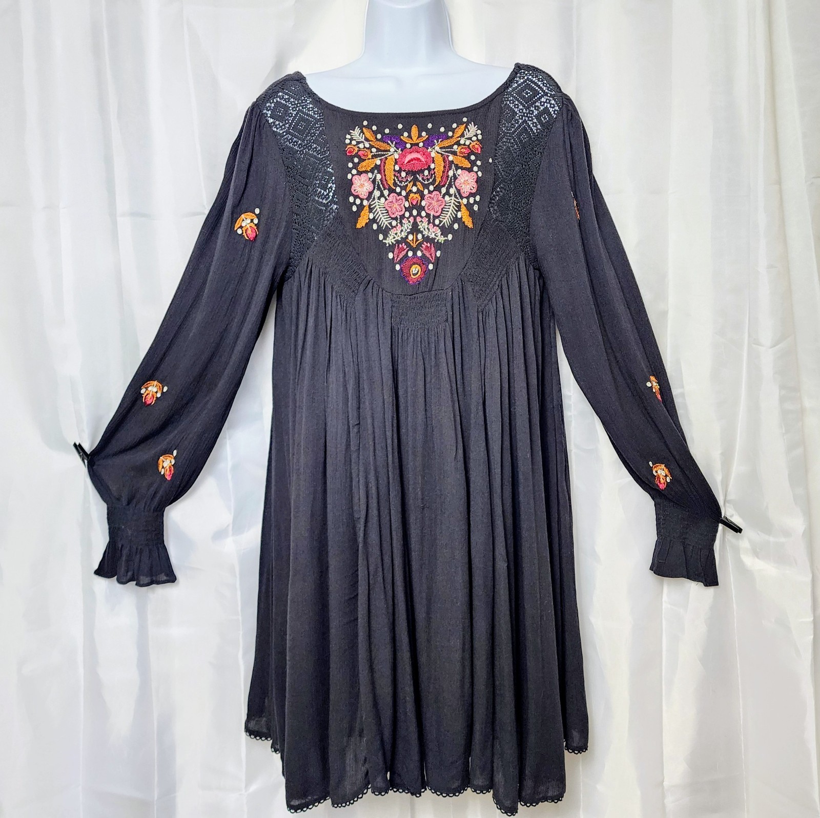 Free People Floral Embroidered Mohave Mini Dress Long Sleeve Sz S Flowy Boho