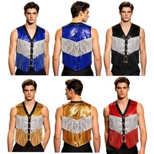 Mens Tank Stage Performance Tops Outfits Vest Sequin Waistcoat Metallic Costume