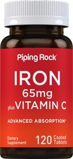 Iron 65 mg with Vitamin C  120 Tablets  Vegetarian  Non-GMO  by Piping Rock