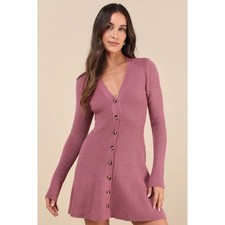 NWT Lulus Adorably Flirty Mauve Pink Button-Front Sweater Mini Dress Size Large