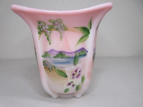 Fenton Painted Rosalene Glass American Gallery Vase Mountain & Floral Design