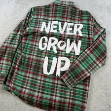 Cake Worthy Flannel Mens Small Green Plaid Peter Pan Disney Never Grow Up Shirt