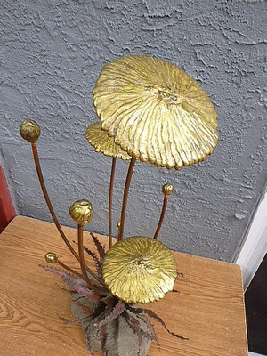 John Steck Bronze Dandelion Copper Leaves Stone Base Modern Brutalist Sculpture