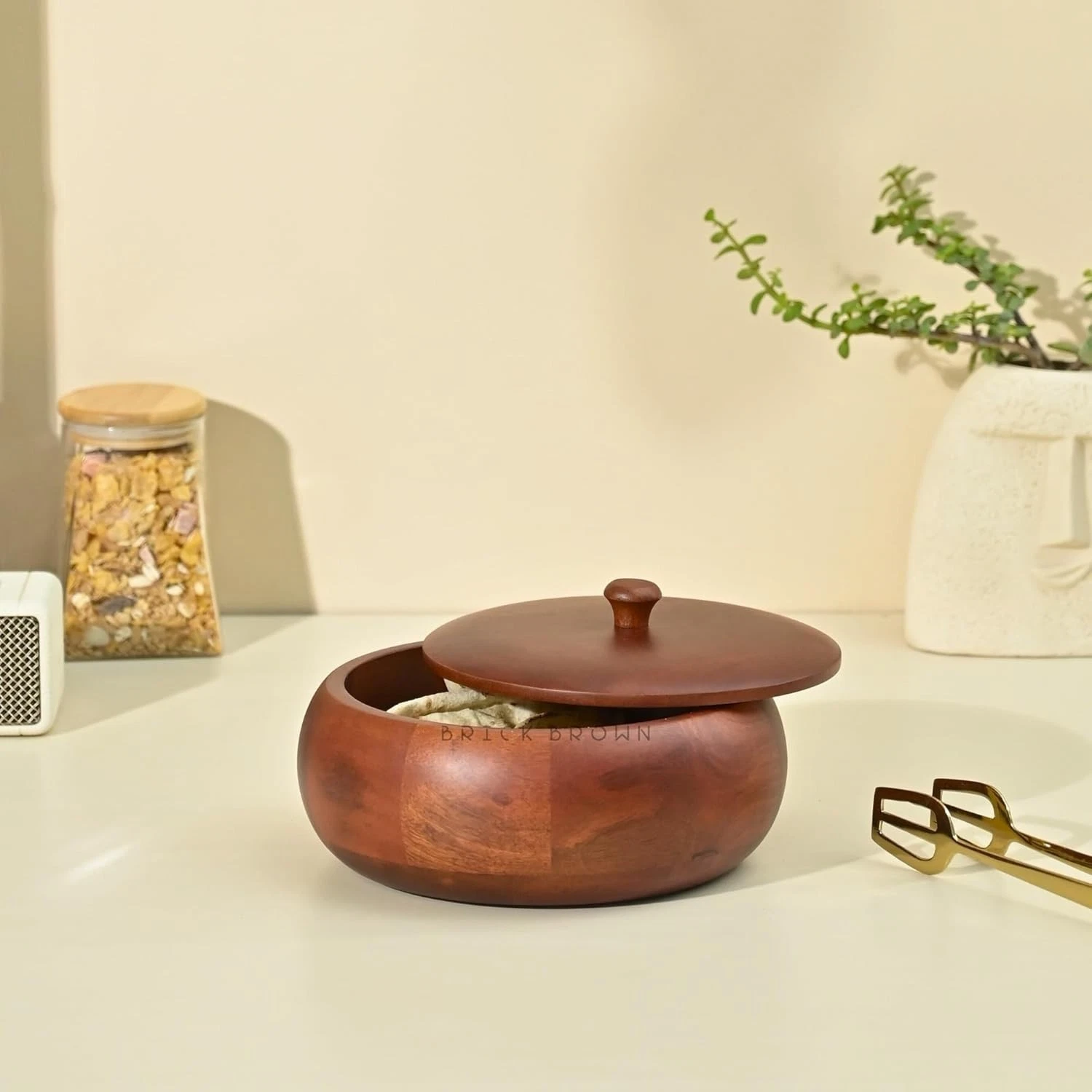 Handcrafted Wooden Chapati Box /Casserole, Roti Warmer Unique Finish Brown,