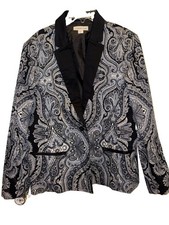 NWOT COLDWATER CREEK Blazer Jacket Paisley Black Collar Trim Sz 16