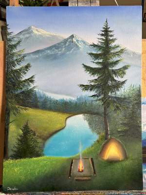Oil Painting Canvas Camping Forest Nature Lake Original Artist Handmade 18x24