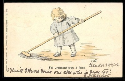 Postcard Little Housewife Mopping the Floor with a Scrubber 1902 