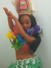 Vintage Hawaiian Hula Dancer Girl Doll Grass Skirt Headdress Tiki Souvenir