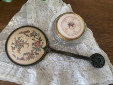British Antique Petit Point Hand Mirror Embroidery, Wooden Handle, Vintage