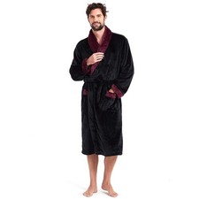 Mens Fannel Robes Coral Fleece Robe Full Length Long Spa Bathrobe Black+Wine ...