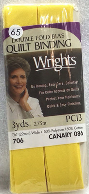 Wrights Quilt Binding Canary Double Fold Bias 7/8''x3Yards Yellow 706 Canary 086