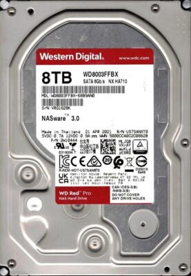 Western Digital 8TB HDD WD8003FFBX NAS用 WD8003FFBX-68B9AN0 P/N: 2W10444 Thailand APR 2021 Western Digital