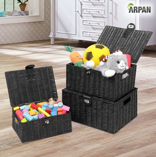 Storage hamper Basket Box Set of 3 Black Resin Woven - Picture 5 of 6