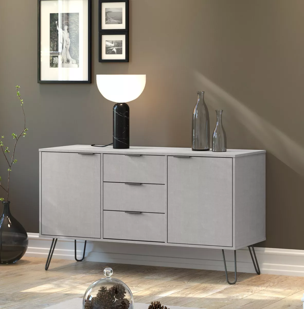Grey Retro Large 2 Door 3 Drawer Sideboard Cupboard Cabinet Metal Hairpin Legs