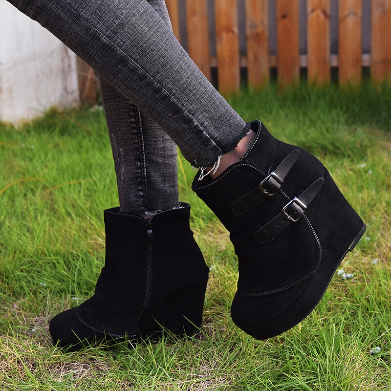 Vintage Cowboy Boots Women Wedge High Heel Platform Zip Ankle