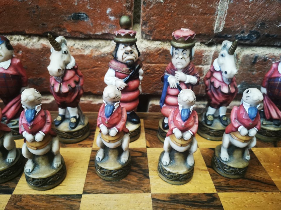 ALICE IN WONDERLAND NOVELTY CHESS SET WITH MAPLE & MAHOGANY BOARD