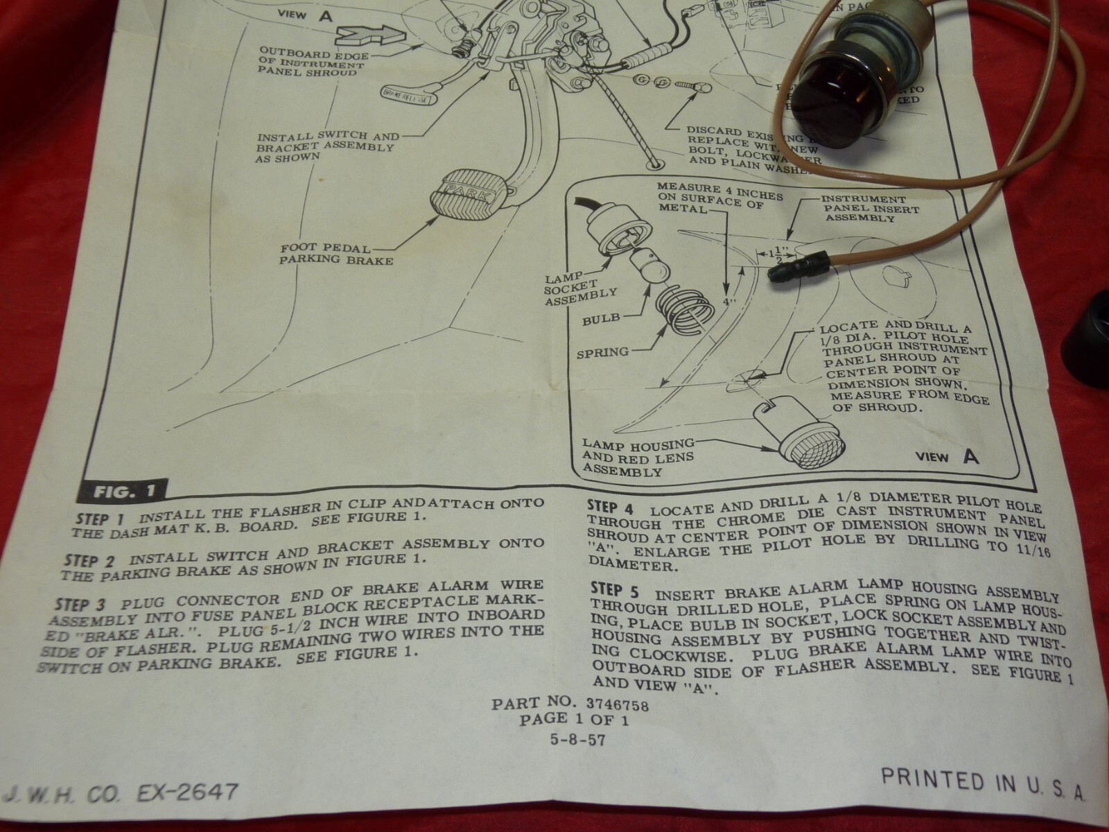 NOS Signal Lamp Parking emergency Brake Light Chevrolet 1958 Accessory