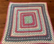 NEW Hand Knit Tummy Time Lap Blanket Pink Mint Teal Yellow 32"x 32”
