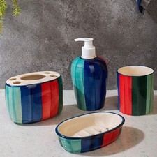 Hand Painted Ceramic Soap Dispenser and Bathroom Accessories Set for Home, 4 Pcs