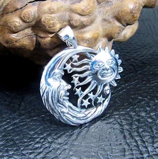 Solid 925 Sterling Silver Crescent Half Moon, Sun, & 7 Stars Astrology Pendant