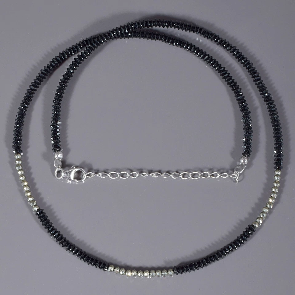 Nera Naturale Spinello & Argento Pirite Perline Catena 18 " Filo Fatto Collana - Immagine 2 di 4