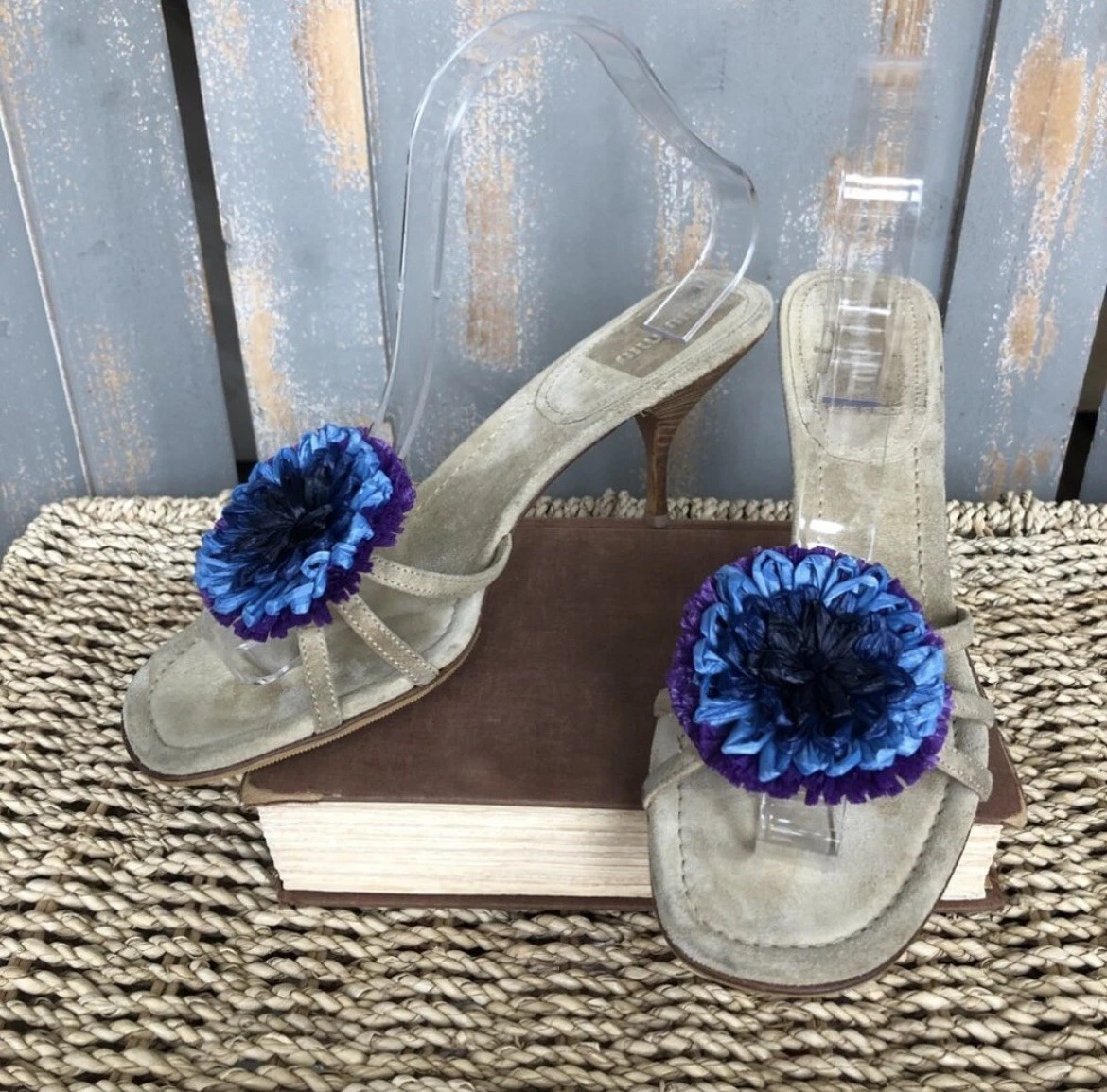 MIU MIU Raffia Sueded Flower heeled Sandals eBay