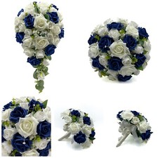 Silk Artificial Wedding Flowers Navy Blue & Ivory Bouquet Posy Table Decoration 