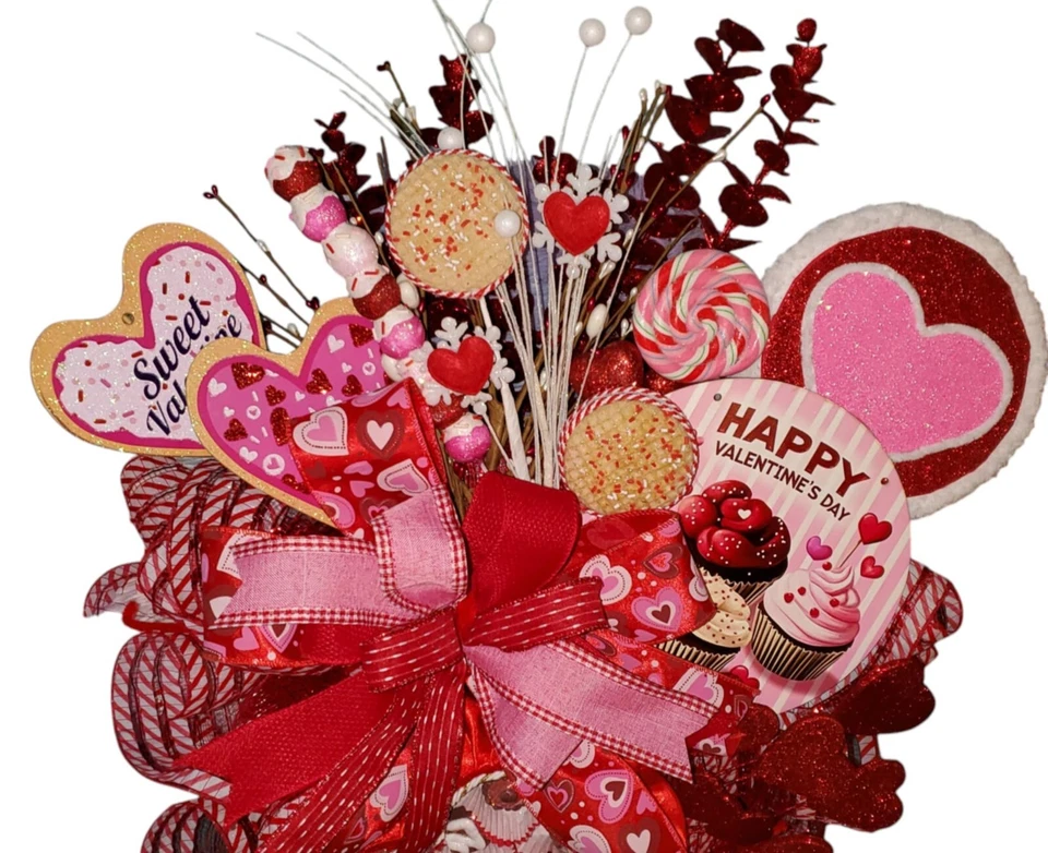 Valentines Day Pink Red Hearts Sweet Shop Chocolates Large 24" Wreath Door Decor - Image 3 of 3