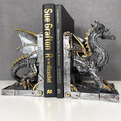 Large Steampunk Dragon Bookend Set Of 2 Silver Resin Heavy Book
