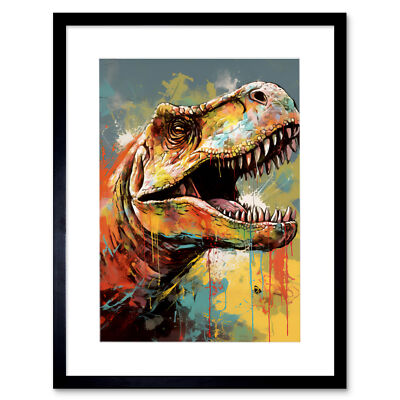 T-Rex Roaring Dinosaur Multicoloured Portrait Framed Art