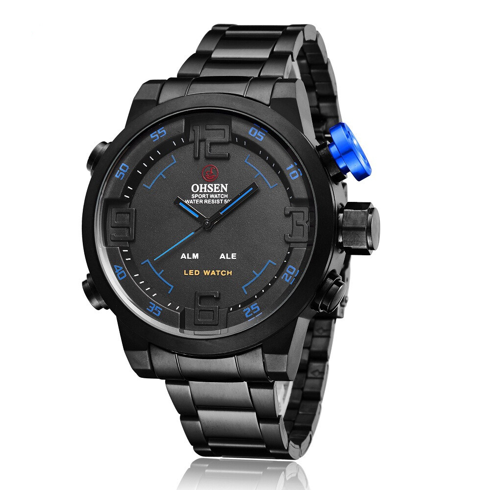 OHSEN Men Quartz Watch Steel Wristwatch Dual Display Male LED