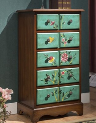 Hand Painted Green & Brown Floral Decor Accent Dresser Drawer with 10 Drawers