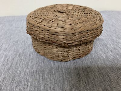 Vintage Small Handwoven Round Boho Grass Basket w/Lid