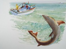 Original Watercolour 'Shark Fishing', Circa 1980's, Ken Johnson (20th Century)