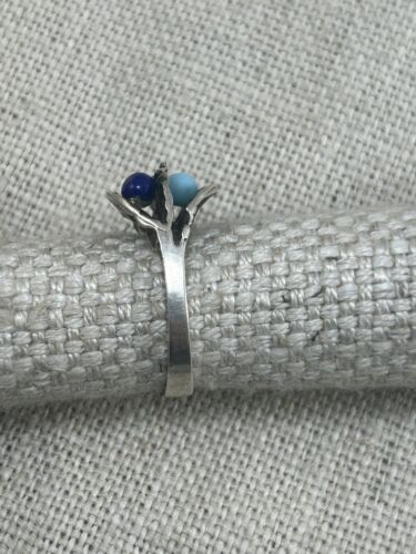 Anillo de plata artesanal vintage años 90 turquesa y lapislázuli talla O 925 - Imagen 5 de 16