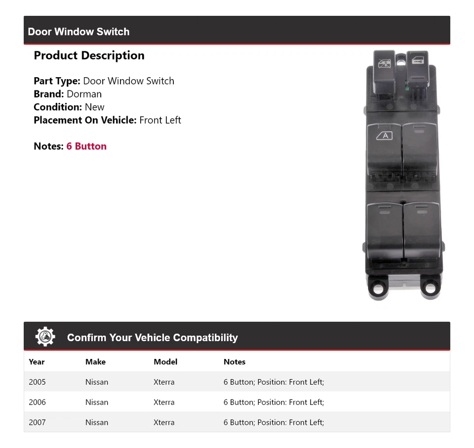 For 2005-2007 Nissan Xterra Dorman Door Window Switch Front Left 2006 - Image 2 of 4