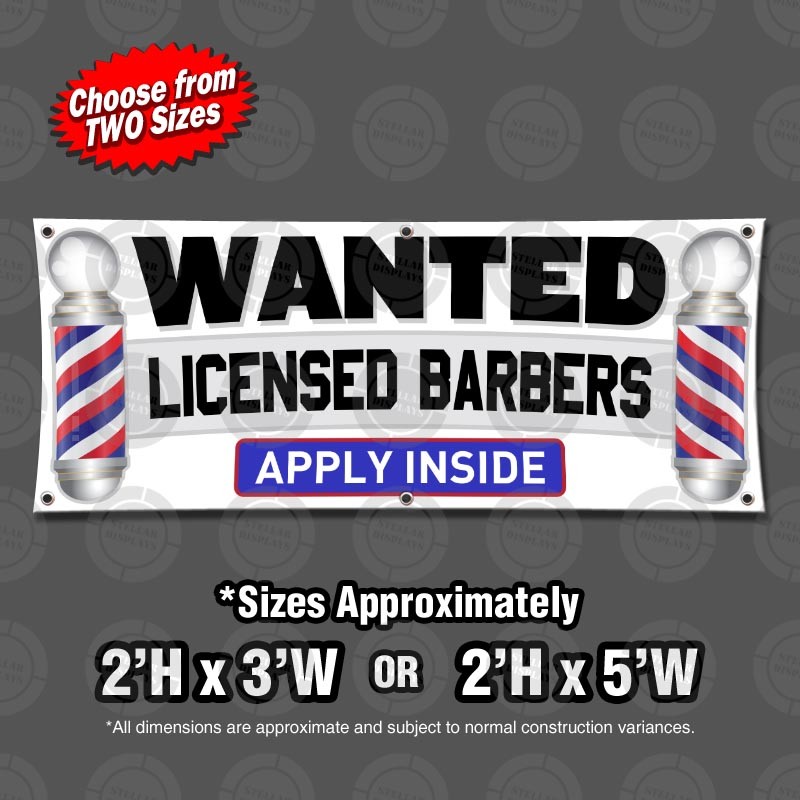 WANTED LICENSED BARBERS Apply Inside Hiring Banner Sign Display Barber