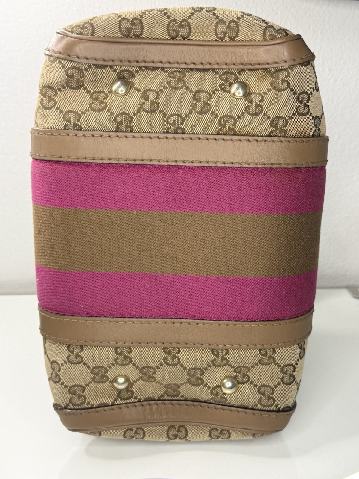 Gucci Vintage GG Canvas Joy Small Boston Bag with Pink and Brown Web Stripe image 7