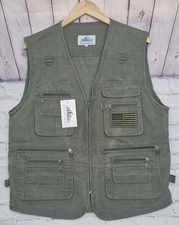 Conceal Carry Utility Vest Green Canvas Flag Patch SZ M Multi Pockets Blue Stone