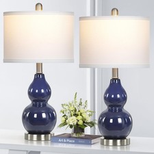 Rinweey Double Gourd Ceramic Table Lamps Set of 2, Modern Navy Blue Bedside L...