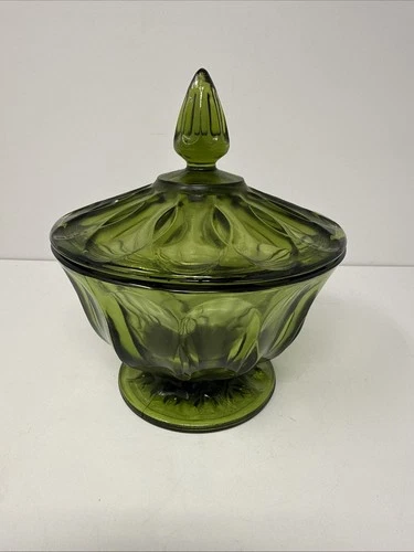Vintage candy dish green glass lid pedestal bowl Anchor Hocking MCM compote