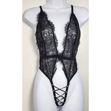 NWT Victoria's Secret Black Lace Teddy Bodysuit Plunge Strappy Lingerie M Y2K