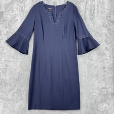 Talbots Dress 10 Bell Sleeve Ponte Knit Sheath Career Classic Navy Blue Office