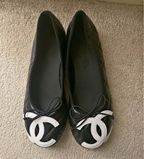 CHANEL Women’s Leather Quilted Ballet Flats Black/White CC Logo Bow 8.5