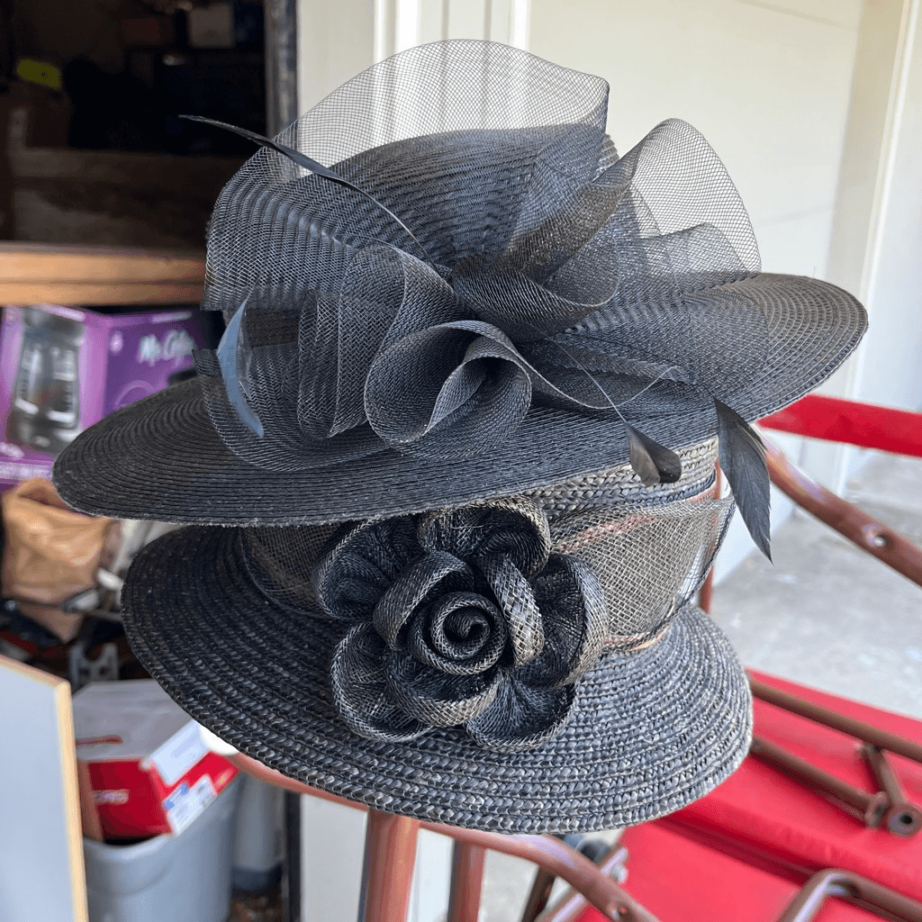 Betmar New York Black Straw Hat Wide Brim Rose Accent Church  display picture 3