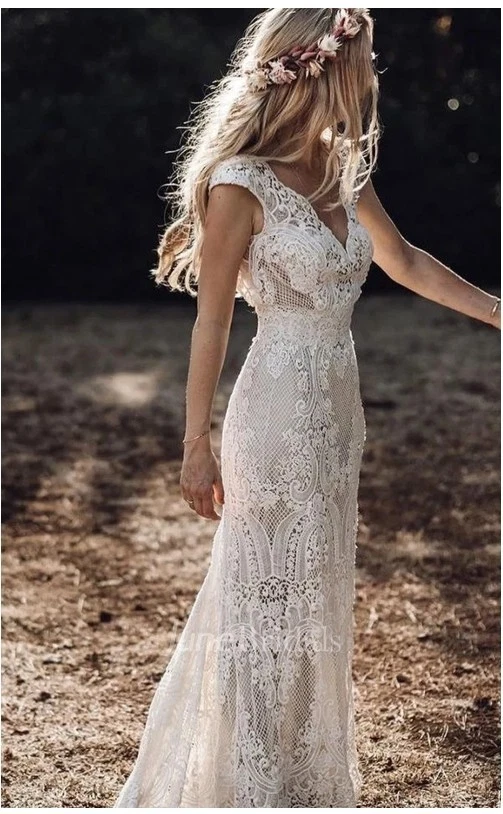 Nuevo Vestido de Boda Marfil Brillante Boho Encaje - Talla 6 Foto 2 de 3