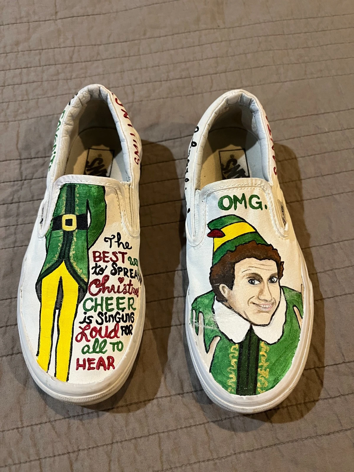 Scarpe slip on VANS Off the Wall "ELF" Natale personalizzate dipinte a mano M 5 5 W 7