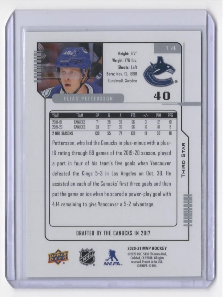 -2020-21 Upper Deck MVP 20th Anniversary Third Star Elias Pettersson Vancouver - Image 2 of 2